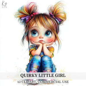 12 Quirky Girls Clipart, Frazzled Hair Girl, Printable Watercolor Clipart, Paper Craft, Scrapbooks, Journals, High Quality, Digital Download