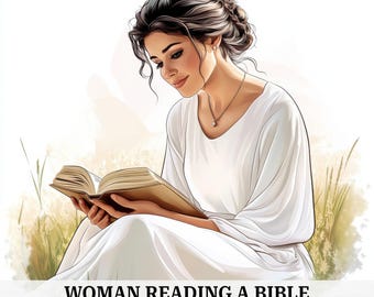 Frau liest Bibel (Clip-Art): Beruhigende christliche Kunst (Digitaler Download, 12 PNGs & JPGs)