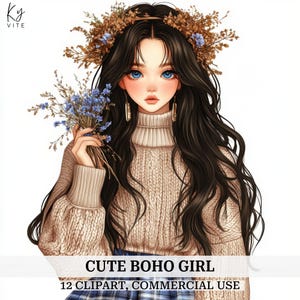 12 lindas imágenes prediseñadas de niña bohemia, niña con flores, imágenes prediseñadas de acuarela imprimibles, manualidades de papel, álbumes de recortes, diarios, alta calidad, descarga digital
