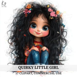 17 Quirky Girl Clipart, Frazzled Hair Girl, Printable Watercolor Clipart, Paper Craft, Scrapbooks, Journals, High Quality, Digital Download