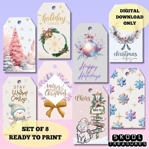 Pastel Christmas Gift Tags Set of 8 Printable Holiday Gift Tags School Staff Student Teacher Christmas Party Favor Tag  Employee Client Boss