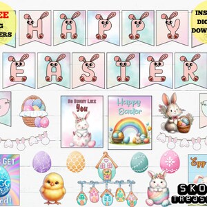 Printable Pastel Happy Easter Posters Bulletin Board Kit Bunting Banners, Easter Party Decor, DIY  Spring Festive Party Decoration Supplies