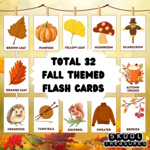 Tarjetas didácticas con temática de otoño Tarjetas visuales para niños pequeños y preescolares. Tarjetas flash de otoño de aprendizaje estacional. Educación en el hogar imprimible, impresión de aprendizaje en el aula