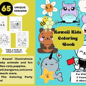 Cute Animals Kawaii Coloring Book for Kids, 65 pages, For Ages 3 plus, 8.5*11 inch, Coloring Pages, baby animals activity, Kids Kawaii book