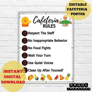 Editable School Cafeteria Rules Sign, Lunchroom Decor, Cafeteria Wall Art Decoration, Teacher Lounge Room Sign, Back To School Sign