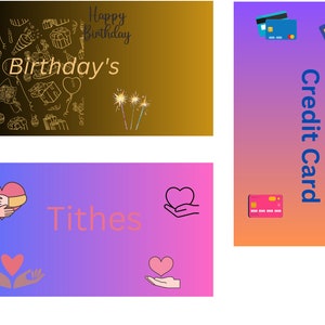 Könnte beinhalten: Eine Grafik mit drei Abschnitten. Der obere Abschnitt zeigt die Wörter "Happy Birthday" und "Birthday's" mit Illustrationen von Geschenken und Feuerwerk. Der rechte Abschnitt zeigt die Wörter "Credit Card" und Bilder von Kreditkarten. Der untere Abschnitt zeigt das Wort "Tithe" und Bilder von Herzen.