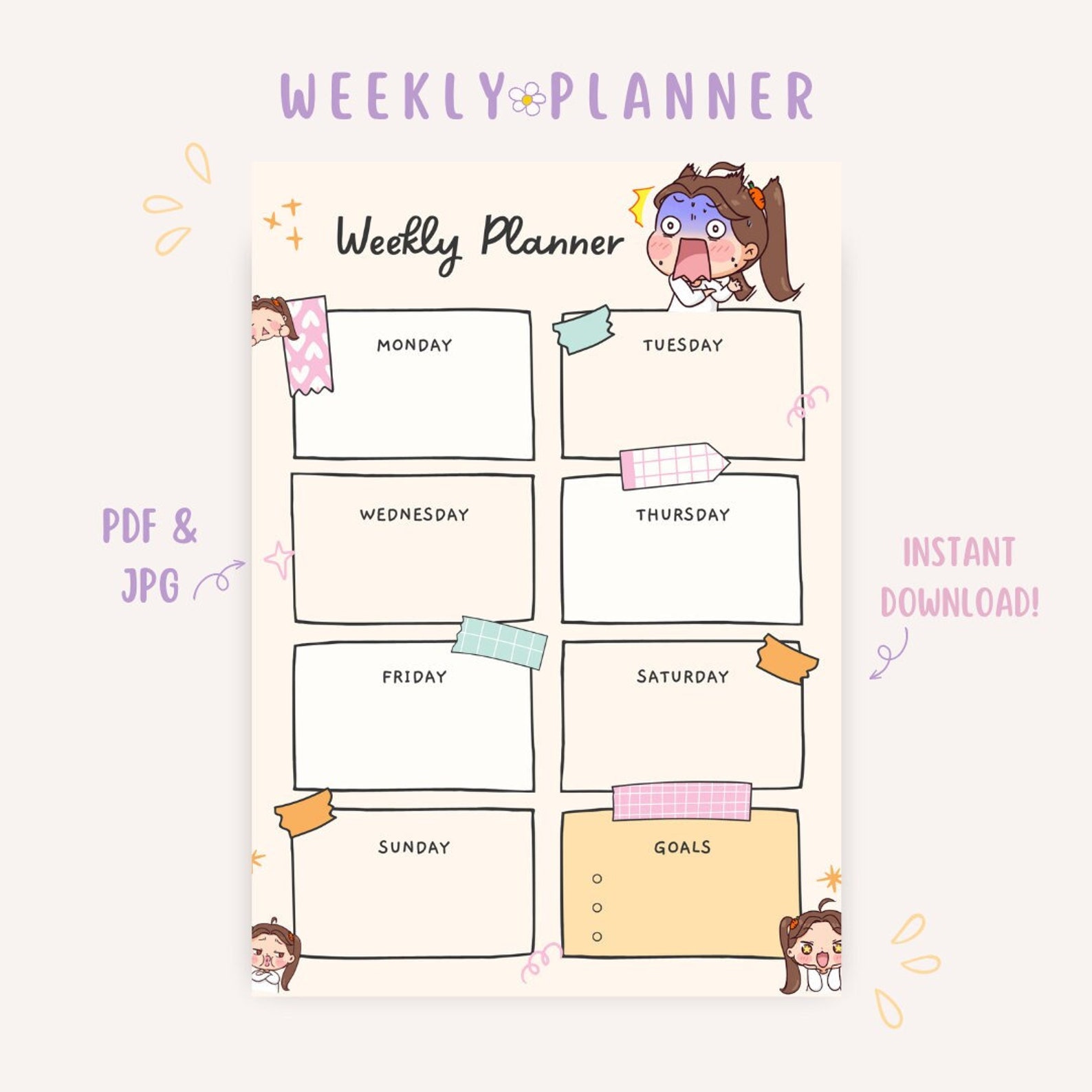 1 Page Cute and Funny Weekly Planner, Digital Weekly Planner, Printable ...