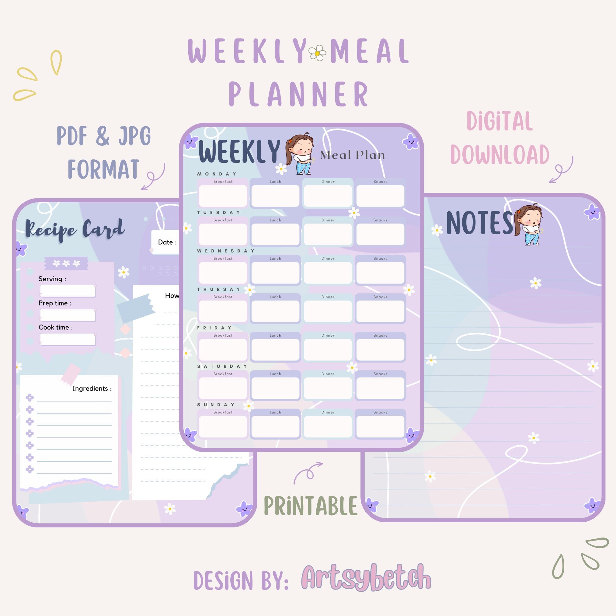 Cute Weekly Meal Planner, 3 Page Digital Download, Recipe Meal Planner ...