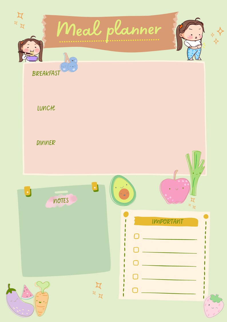 Kawaii Meal Planner, 1 Page Digital Download, Cute Meal Planner ...