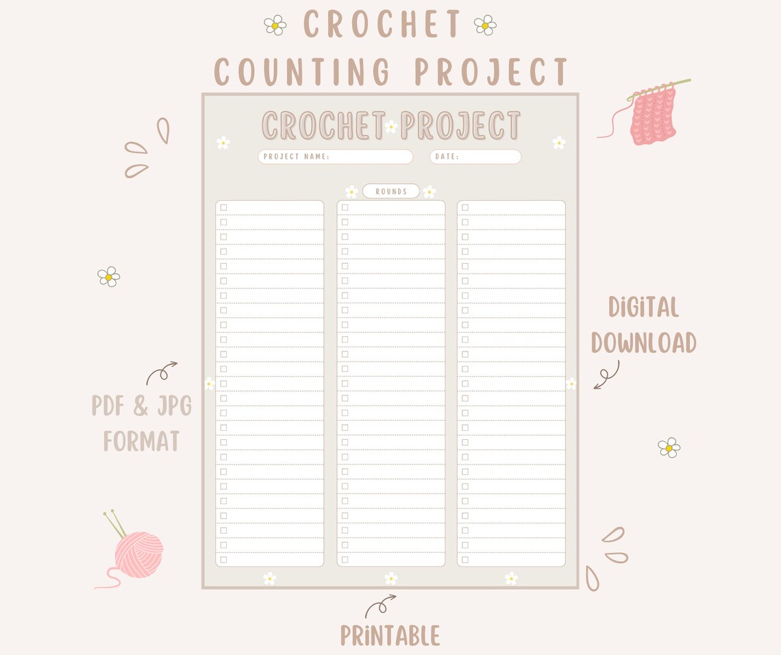 Minimalist Crochet Projects Rounds Counting Planner, Checklist, Digital ...