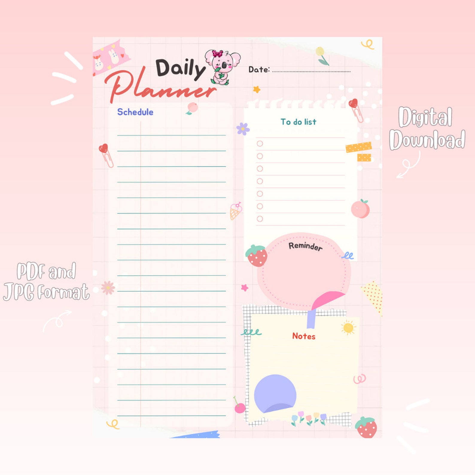 1 Page Kawaii Digital Daily Planner, Printable, Cute Digital Instant ...