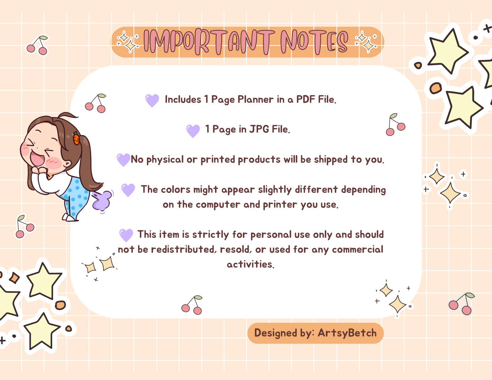 1 Page Kawaii Digital Daily Planner, Printable, Cute Digital Instant ...
