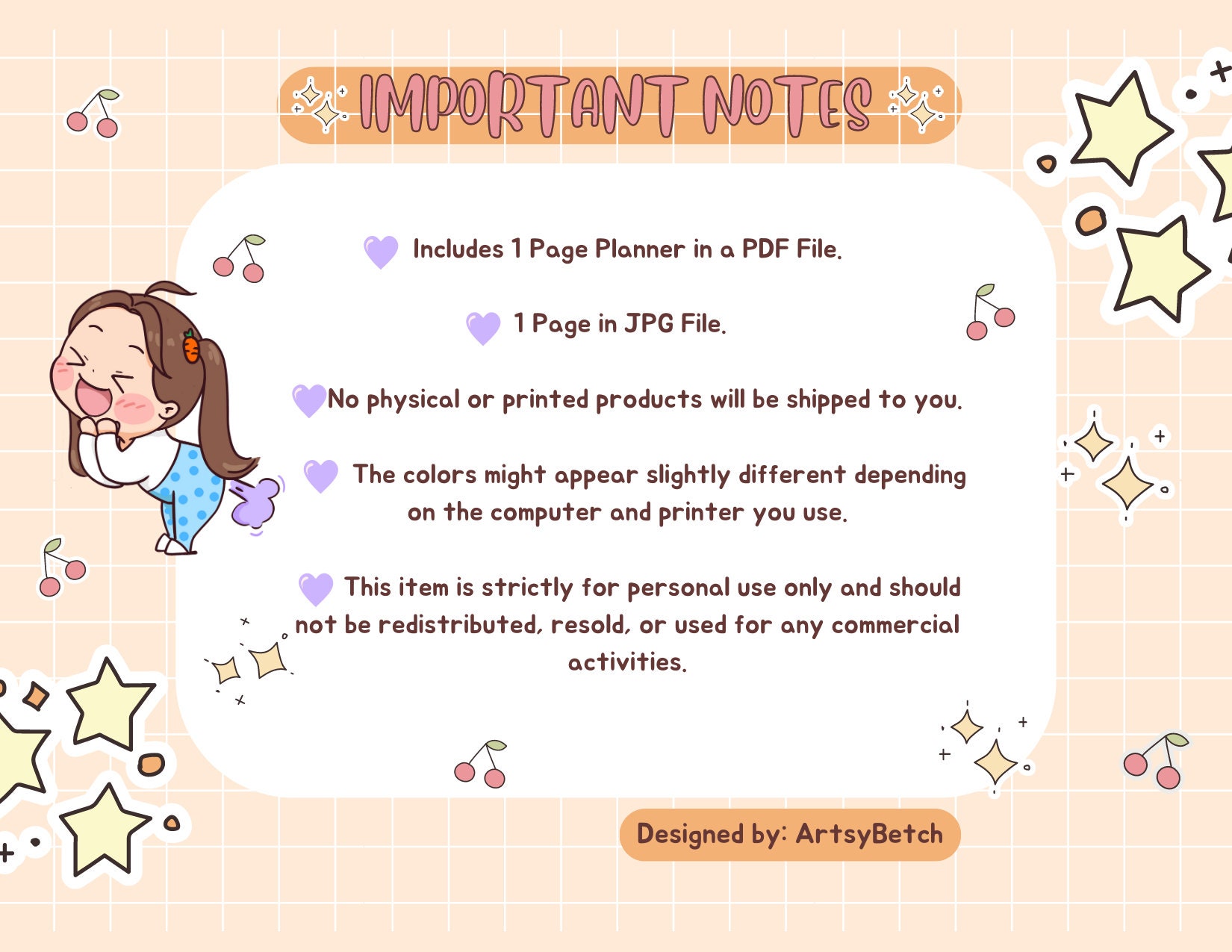 1 Page Kawaii Digital Daily Planner, Printable, Cute Digital Instant ...