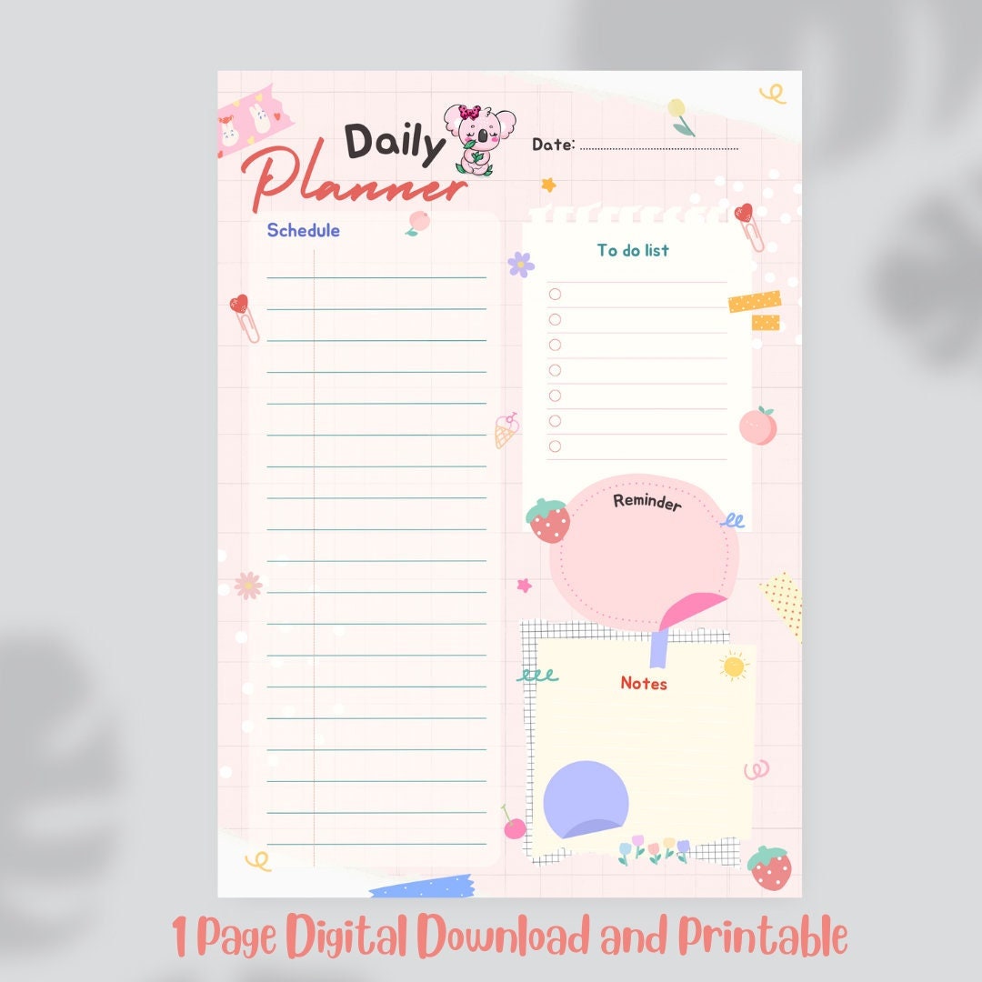 1 Page Kawaii Digital Daily Planner, Printable, Cute Digital Instant ...