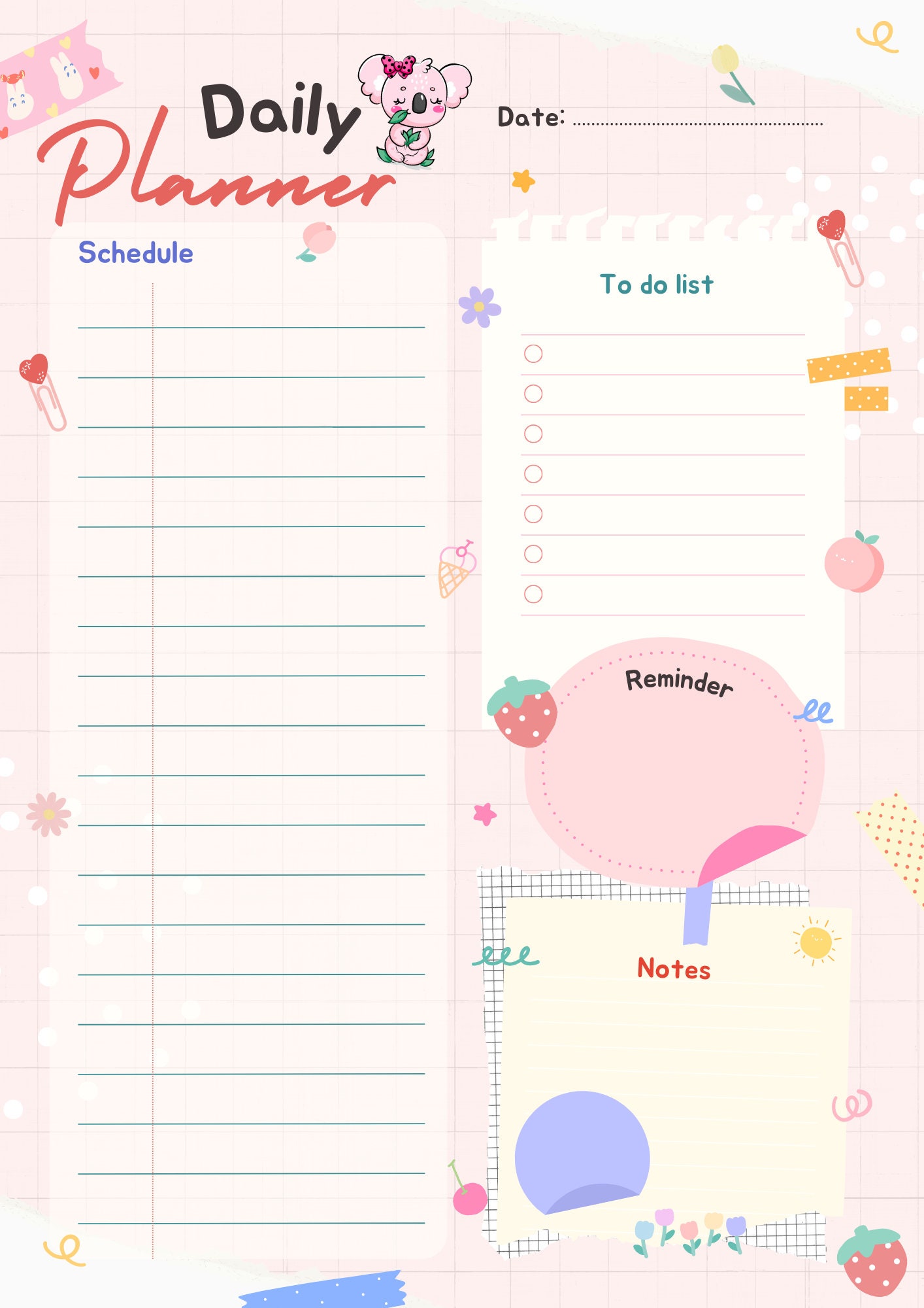 1 Page Kawaii Digital Daily Planner, Printable, Cute Digital Instant ...