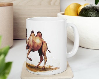 Camel Kicks Ceramic Mug, 11oz. Camel Playing Soccer.