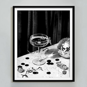 Disco Ball Champagne Print, Bar Cart Poster, Cocktail Wall Art, Black and White, Alcohol Poster, Disco Ball Wall Art, Girly Dorm room Decor