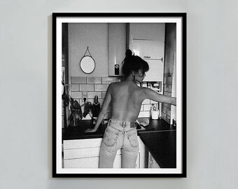 Vintage Woman Making Coffee Print: Black and White Kitchen Art (Digital Download)