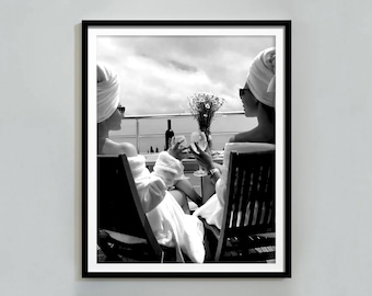 Women Drinking Wine in Beach Print, Summer Poster, Black and White, Bar Cart Wall Art, Fashion Print, Photography prints, Digital Download