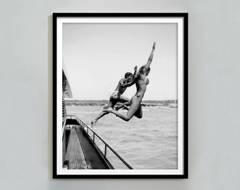 Couple Diving in the Beach Print, Black and White, Vintage Photography, Swimmer Print, Summer Poster, Beach House Decor, Printable Wall Art