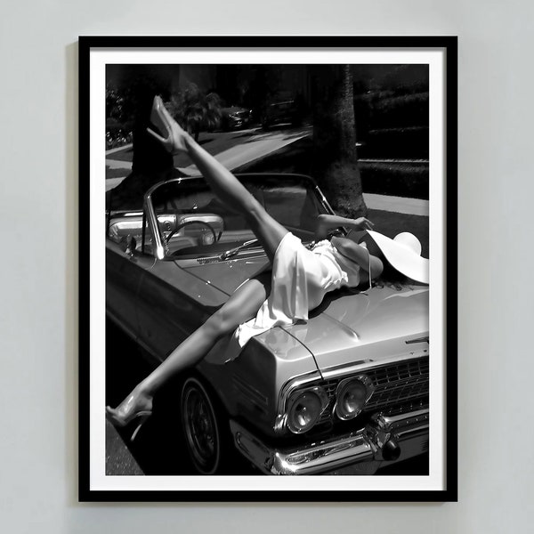 High Heel Cowgirl in Classic Car Print, Luxury Fashion Wall Art, Feminist Poster, Black and White, Fashion Photography, Teen Girl Room Decor