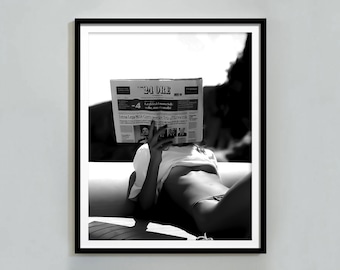 Woman Reading Newspaper Print: Black and White Vintage Photography (Digital Download)