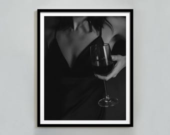 Bottoms Up Wine Print: Trendy Black and White Bar Art (Digital Download