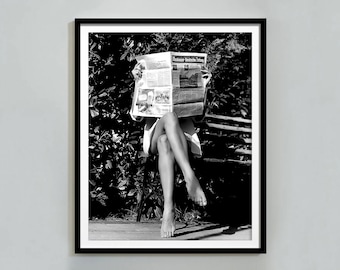 Woman Reading Newspaper Print: Black and White Fashion Photography (Digital Download)