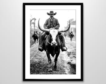 Cowboy on Bucking Bull Print: Black and White Vintage Western Wall Art (Digital Download)