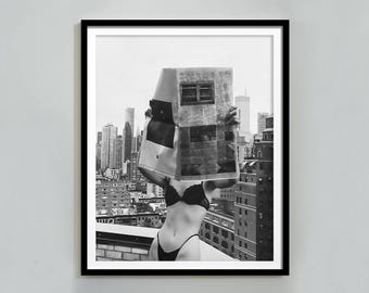 Woman in Balcony Art Print: Vintage Newspaper Reading (Digital Download)