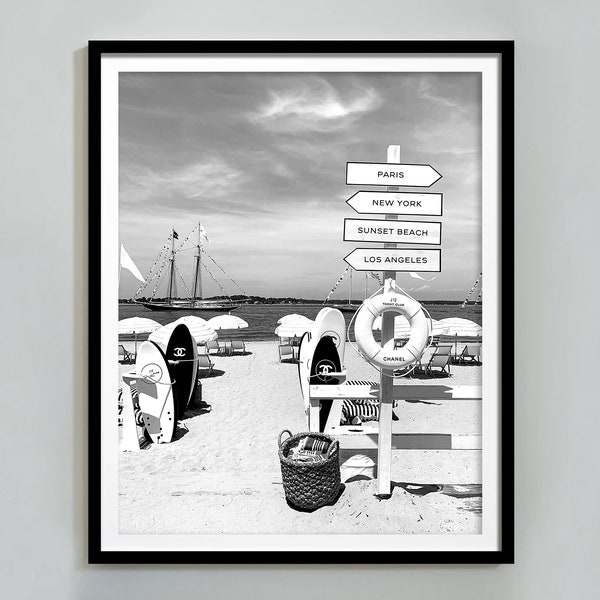 Surfbretter am Strand Druck, Luxus Wandkunst, schwarz weiß, Mode Poster, Vintage Fotografie Druck, Strand Haus Dekor, Sommer Poster