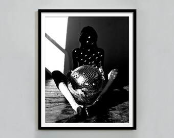 Woman with Disco Ball, Black and White Fashion Print (Digital Download)