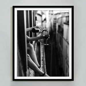 Woman Drinking Wine in the Window Print, Feminist Poster, Black and White Wall Art, Bar Cart Prints, Alcohol Poster, Maximalist Room Decor