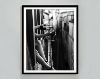 Woman Drinking Wine in the Window Print, Feminist Poster, Black and White Wall Art, Bar Cart Prints, Alcohol Poster, Maximalist Room Decor