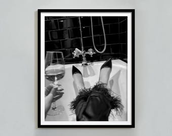 Woman in Bathtub Art Print: Black & White Bathroom Decor (Digital Download)