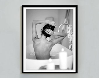 Woman in Bathtub Photography Print: Black and White Bathroom Wall Art (Digital Download)