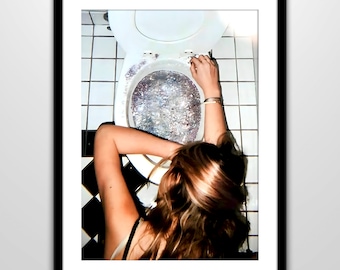 Girl in a Toilet Drinking Print, Bathroom Wall Art, Feminist Poster, Vintage Bar Decor for Girls, Disco Party Digital Download