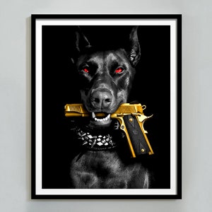 Doberman with Golden Gun, Hypebeast Fashion Poster (Digital Download)