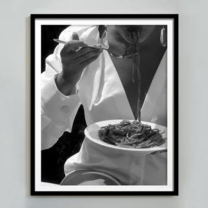 Woman Eating Spaghetti Black and White Poster Print, Vintage Italian Food Wall Art, Kitchen and Home Decor Gift