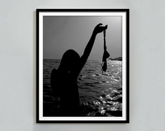 Black and White Woman on Beach Art Print, Feminist Decor (Digital Download)