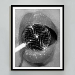 ディスコボール ロリポップ プリント、白黒、トレンディなウォールアート、ファンキーなディスコボール ポスター、バーカート プリント、ティーンの女の子の部屋の装飾、デジタルダウンロード