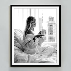 Woman Drinking Coffee in Bed Print, Black and White, Kitchen Wall Art, Vintage Fashion Photography, Hypebeast Room Decor, Digital Download