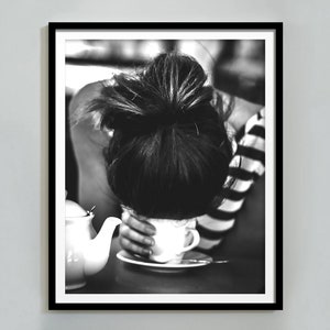 Woman Drinking Coffee Print, Black and White, Vintage Photo, Kitchen Wall Art, coffee bar decor, Dining Room Wall Art Print Digital Download