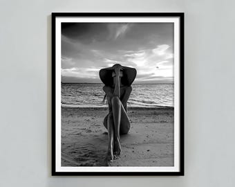 Black and White Beach Photo, Woman in Hat Wall Art (Digital Download)
