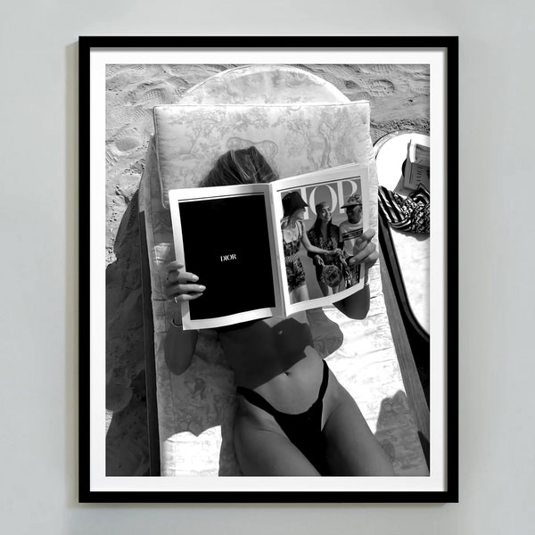 Woman Reading Magazine Print, Summer poster, Black and White, Luxury Fashion Wall Art, Beach Photography, Girls Room Decor, Digital Download