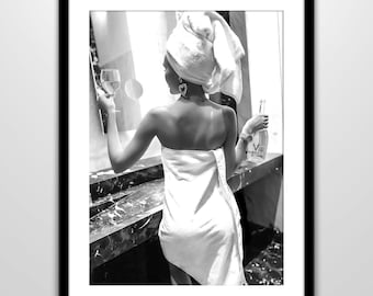Woman Drinking Wine Art Print: Black and White Bathroom Decor (Digital Download)