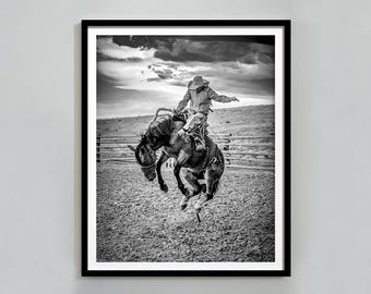 Cowboy on Bucking Horse Print, Black and White Vintage Western Wall Art, Rustic Cowboy Decor, Western Wall Decor, Digital Download