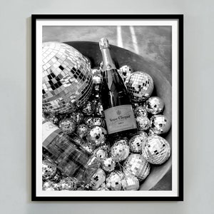 Disco Ball Champagne Poster, Bar Cart Print, Black and White, Funky Trendy Wall Art, Disco Party Decor, Cocktail Wall Art, Vintage Bar Print