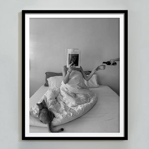 Woman Drinking Wine in Bed Print, Reading Wall Art, Black and White, Bar Cart Poster, Maximalist Room Decor, Feminist Print, Girly Wall Art