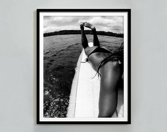 Vintage Woman Surfing Print: Black and White Beach Photography (Digital Download)